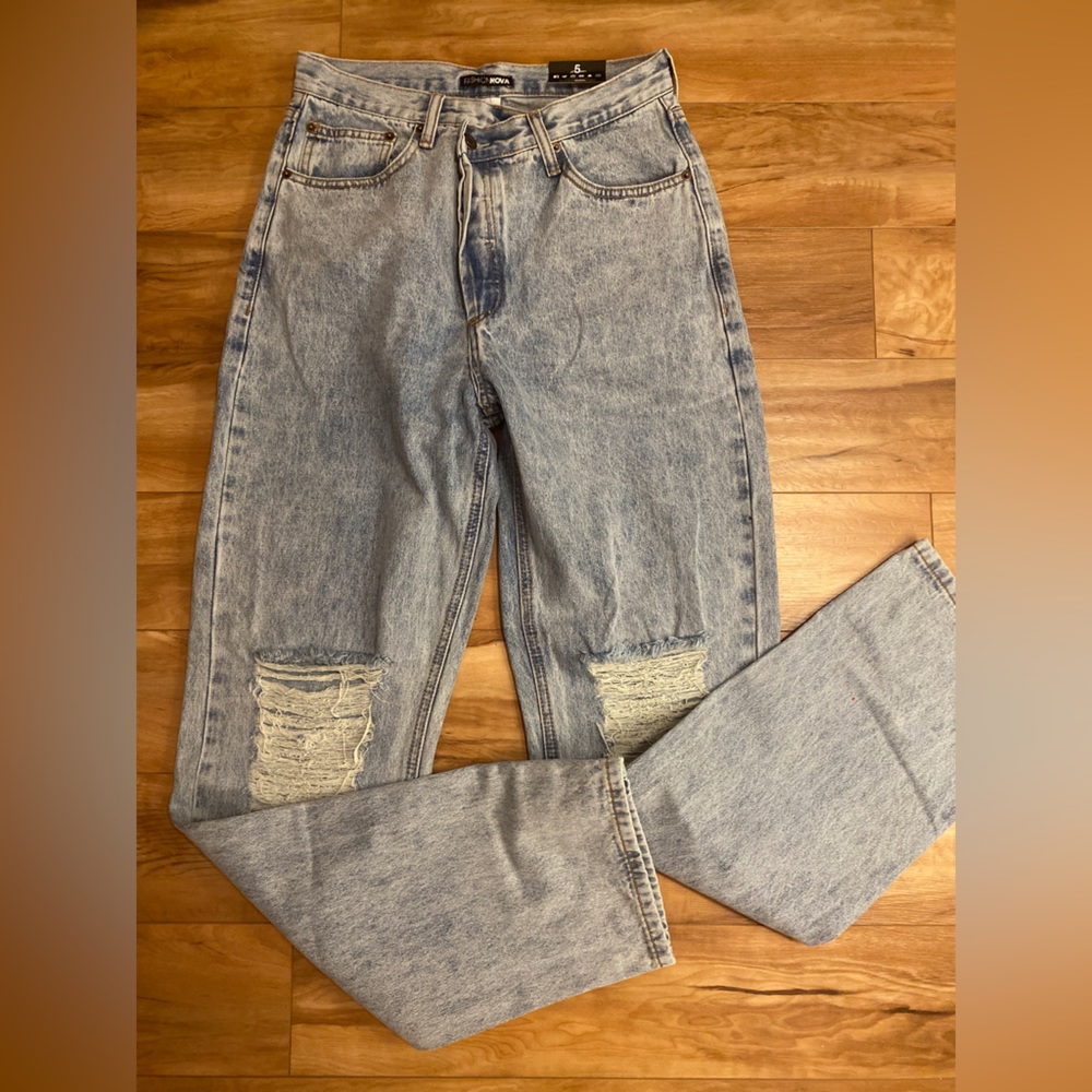 Fashion Nova Women’s Acid Wash Cross-Over Waist Distressed Denim Jeans